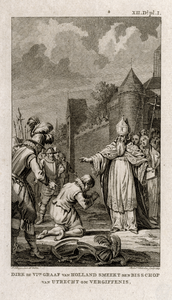 32304 Afbeelding van graaf Dirk VI van Holland die blootshoofd en geknield vóór de muren van Utrecht de bisschop van ...